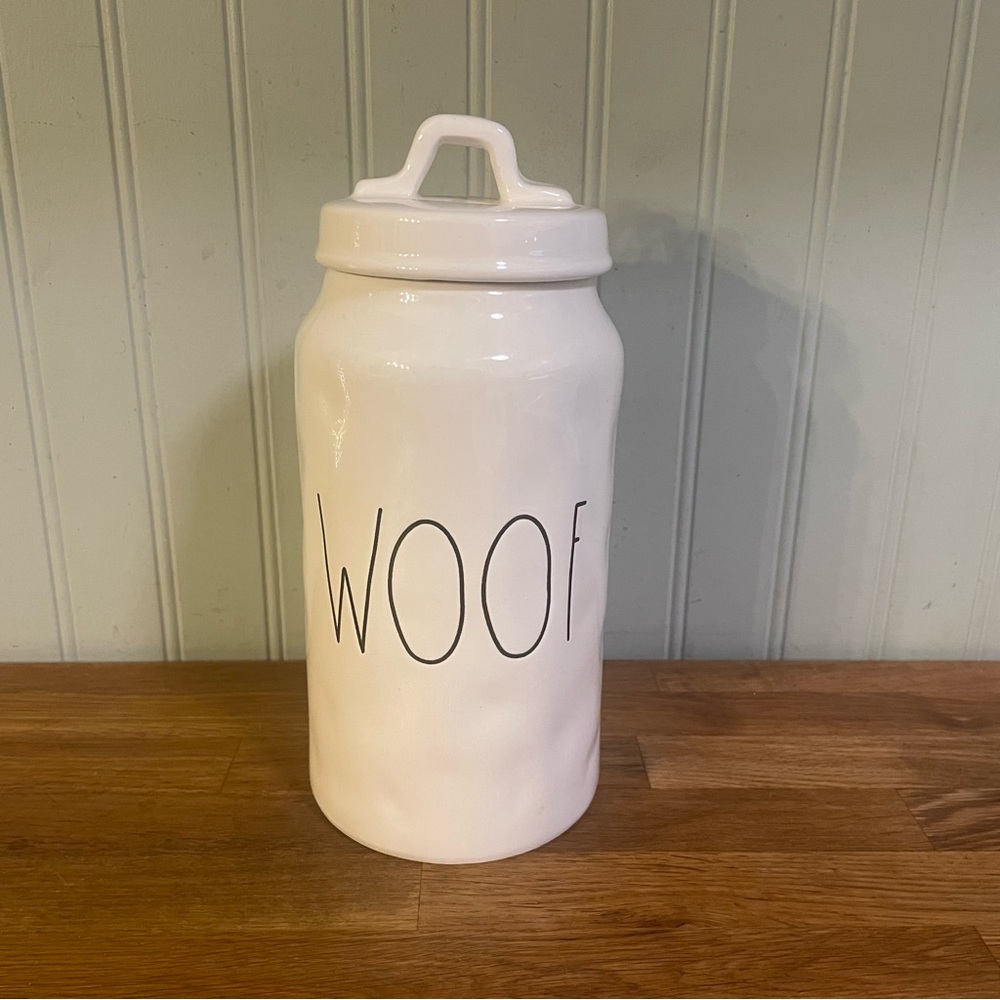 Rae Dunn Magenta WOOF Dimpled White Ceramic Dog Treat Canister with Lid